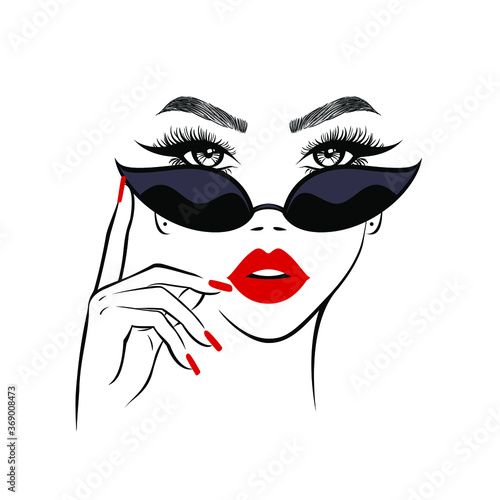 Fashion beautiful woman face in retro black sunglasses, hand with manicure nails, red lips. Beauty logo. Vector illustration.