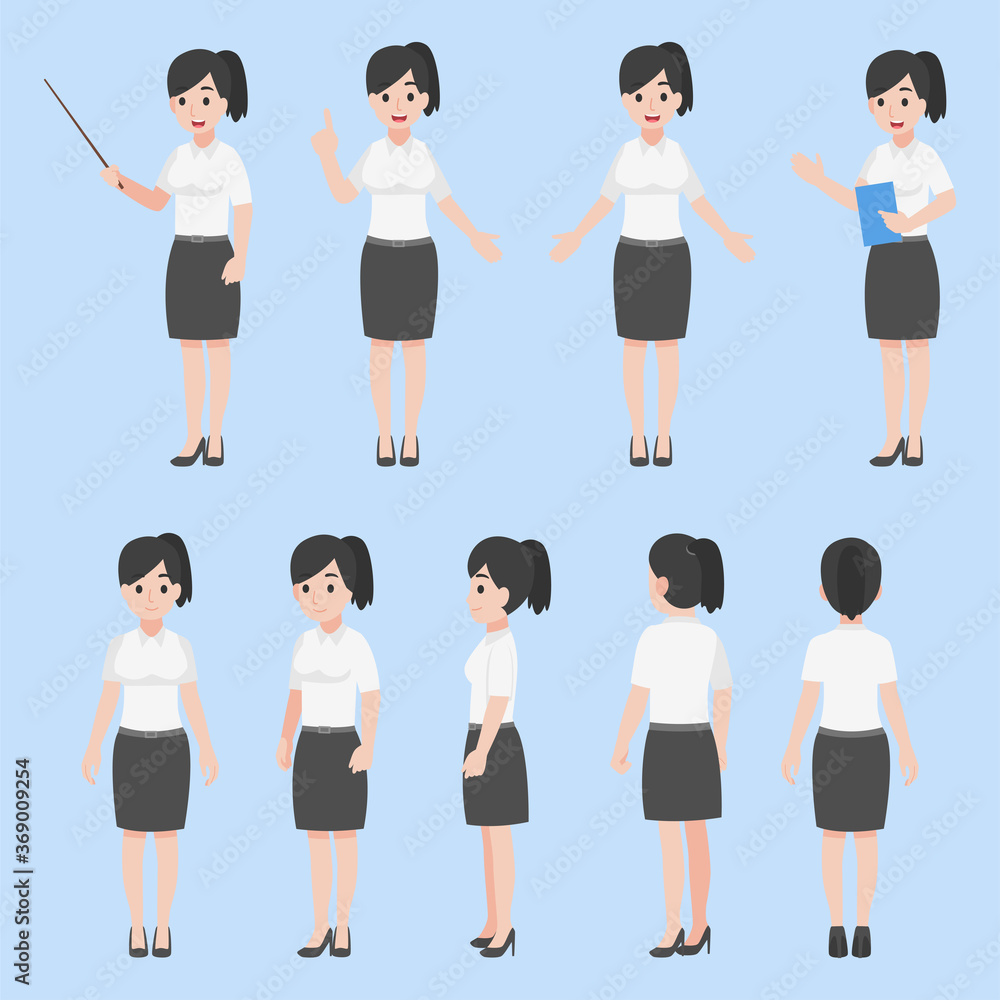 Fototapeta premium Set of teacher woman in various action Cartoon flat Education concept.
