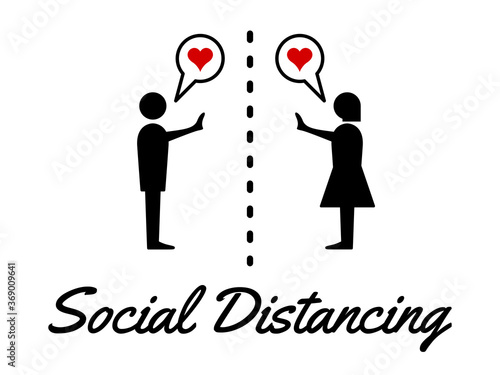 Cute and Lovely Social Distancing Icon with Man and Woman and Heart Symbols. Vector Image.