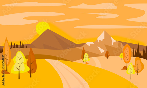 Flat vector autumn landscape with road  trees  hills and mountains. Cartoon illustration.