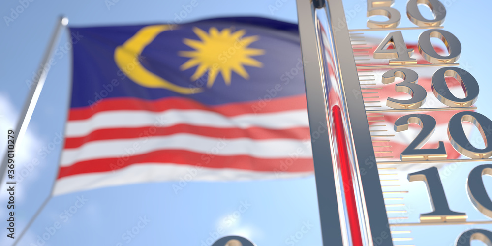 Temperature Rise Flag 30 degrees centigrade on a thermometer measuring air temperature near ...