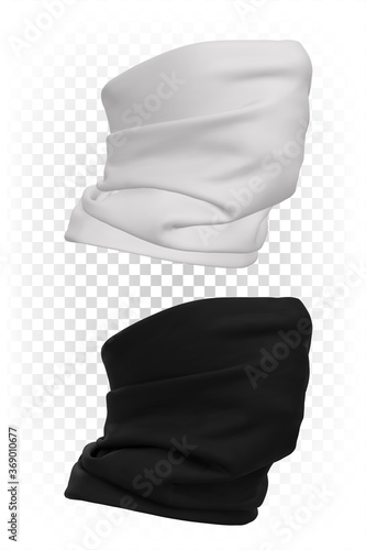 Buff on the face. Seamless bandana in white and black. Vector 3d realistic mock-up, template. Sportswear, uniforms.