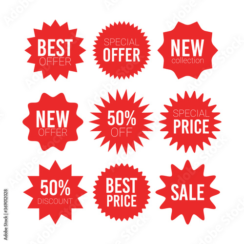 Red sale starburst sticker set - collcetion of stared round labels and badges with best offer and discount signs.