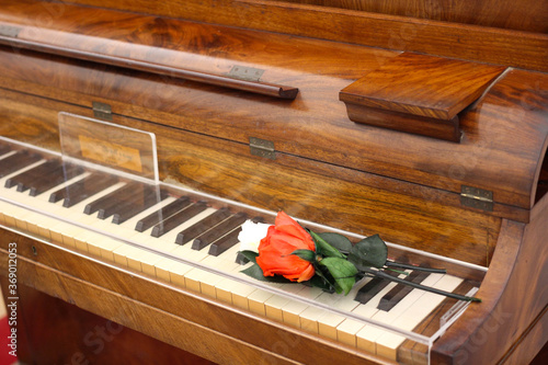  A fragment of a piano with two roses on the keys, from the Chopin and George sand Museum in Valldemossa. Majorca, Spain...