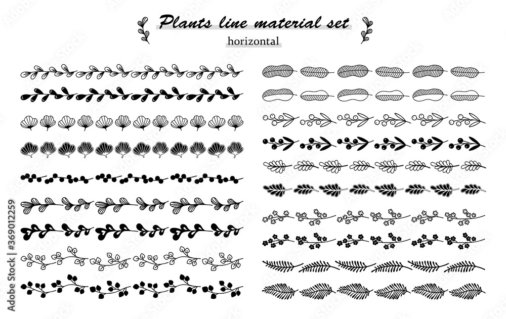 北欧風の植物のライン素材セット（ヨコ）