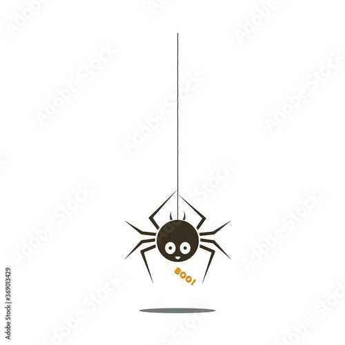 Black spider. Halloween funny childish spider hanging from the top with cute smiley face and text Boo. Vector illustration.