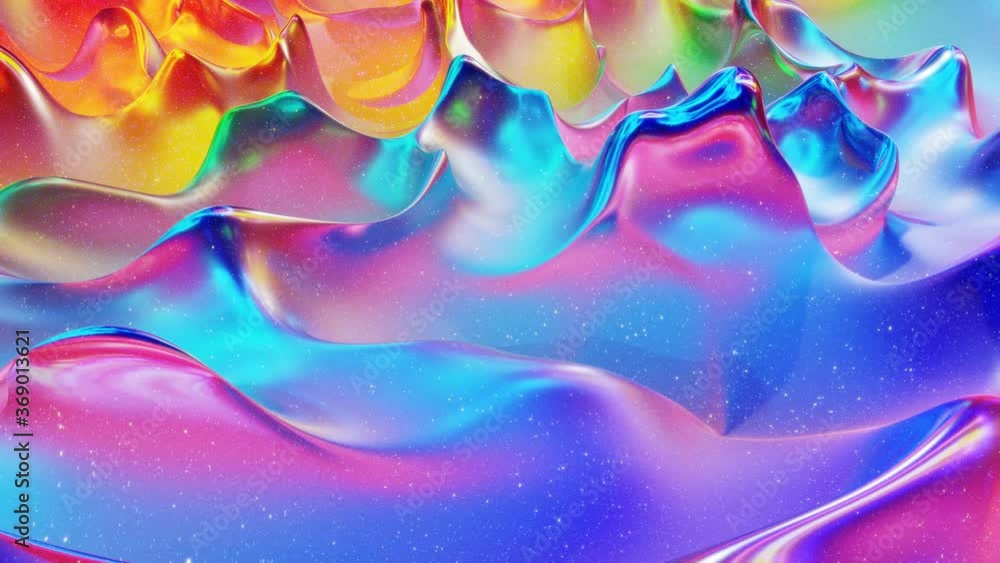 Looped abstract background. Beautiful iridescent wavy surface of liquid with pattern, gradient color and flow waves on it. Rainbow glossy and matt fluid. Creative bright bg with soft smooth animation.