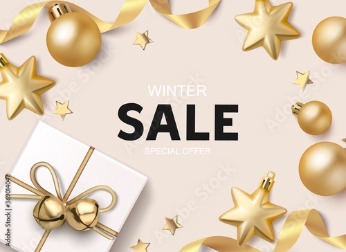 Christmas sale background with golden balls, star, ribbon and gift box. New year holiday decoration. Vector illustration