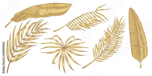 Golden tropical leaves on white background. Elegant exotic decoration  for cosmetics, spa, perfume, health care products,  tourist agency, summer party invitation, aroma.