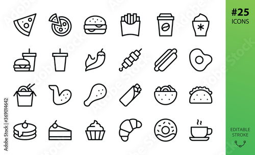 Fast food isolated icons set. Set of pizza slice, burger and drink, chicken legs and wings, mexican taco, gyros kebab, pita, pancakes, dessert, asian noodle box, french fries, hot coffee vector icon