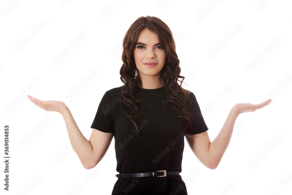 Woman showing something on the palm of her hands. Woman showing something on the palm of her hands.
