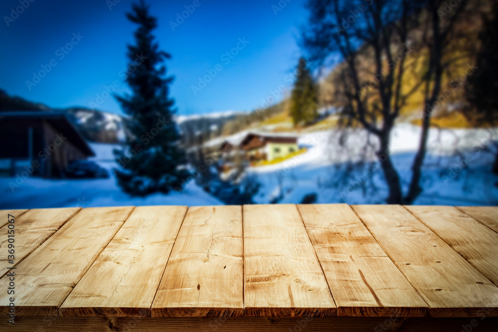 Winter wooden table with free space for your advertising product. Winter wooden table with free space for your advertising product.