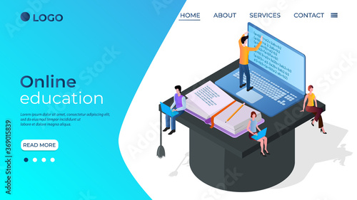 Online education.The concept of getting an online education using various gadgets.Online testing and exams.Learning through educational programs.Isometric illustration.