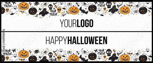 Halloween long horizontal banner for top and bottom of web site. Frame for party poster, flyer, card design with typography. Funny vintage concept with hand drawn illustration.