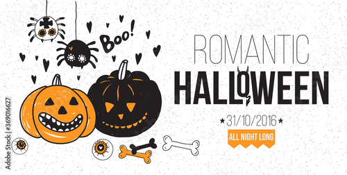 Romantic Halloween party poster  flyer  web banner design with typography. Funny vintage concept with hand drawn illustration.