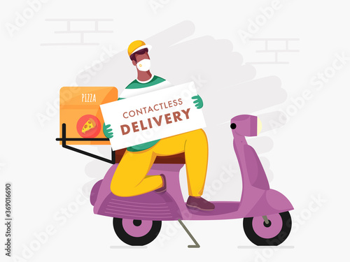 Pizza Courier Man Sitting on Scooter with Holding Message Board of Contactless Delivery During Coronavirus  Covid-19  for Advertising Concept.