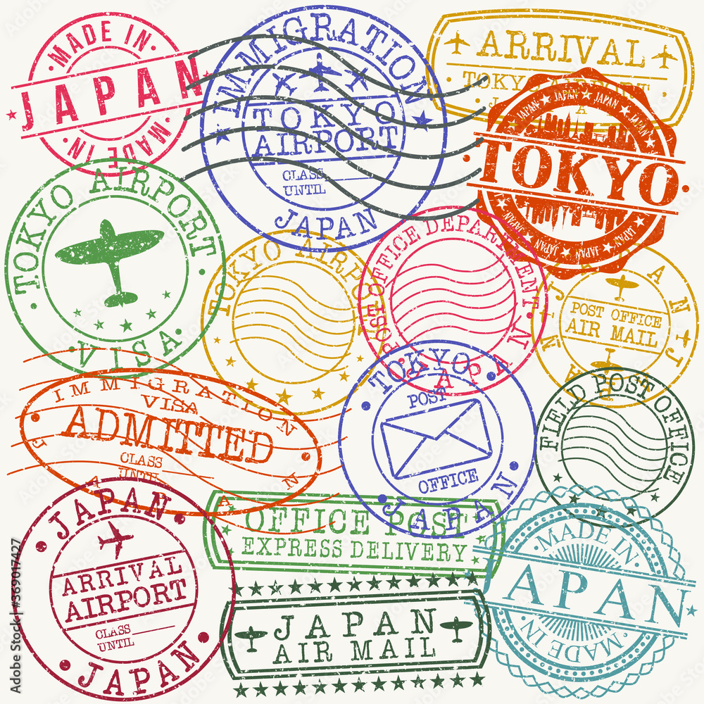 Tokyo Japan Stamp Vector Art Symbol Design Postal Badge Rubber Set.