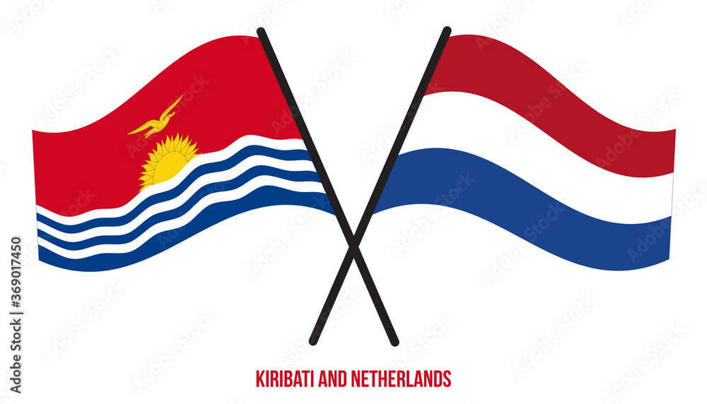 Kiribati and Netherlands Flags Crossed And Waving Flat Style. Official Proportion. Correct Colors.