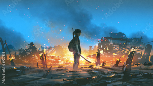 Canvastavla young survivor in the apocalyptic world, digital art style, illustration paintin