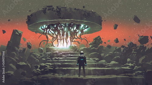 Fotografía astronaut looking at the alien tentacles coming out of the portal, digital art s