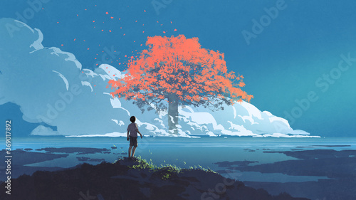 young boy looking at the giant autumn tree at the horizon, digital art style, illustration painting