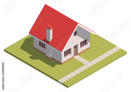 Suburban House isometry. Hyper detailing isometric view of a isolated house with a red roof. 3D family house for video games or real estate advertising. For Your business. Vetor Illustration