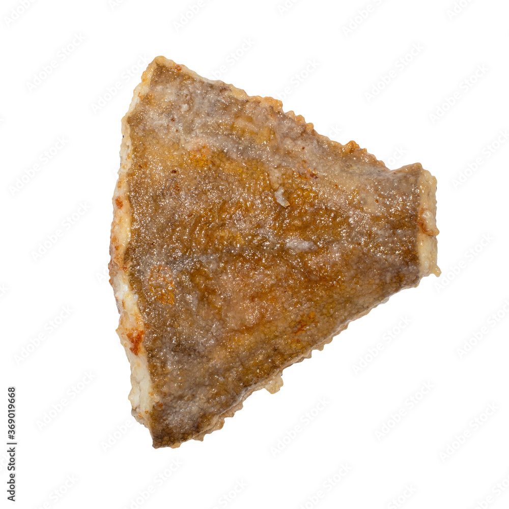 A piece of fried flounder isolated on a white background.