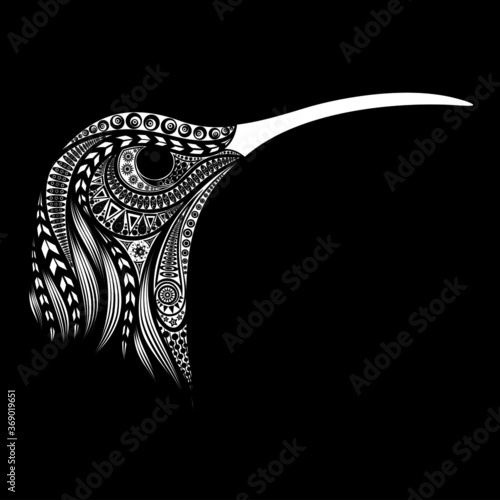 Vector hummingbird head from original patterns for printing on a black background