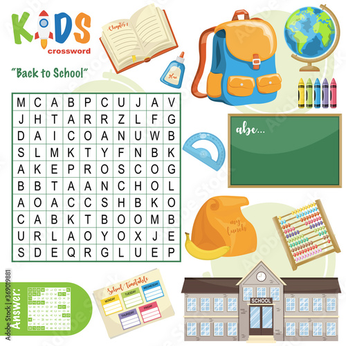 Easy word search crossword puzzle "Back to school", for children in elementary and middle school. Fun way to practice language comprehension and expand vocabulary. Includes answers.
