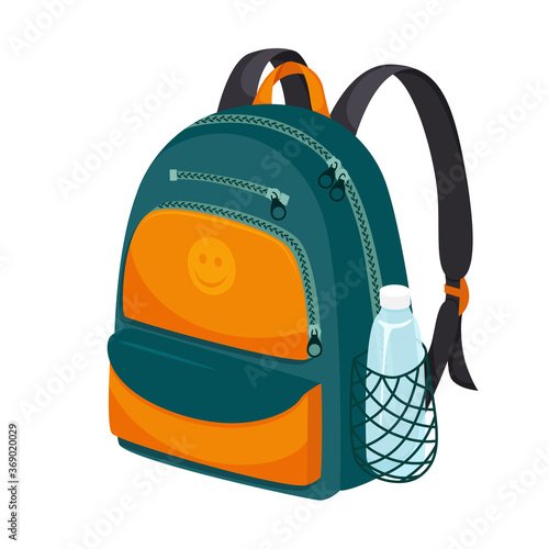 School or sports backpack in Falt style. With zippered pockets and a water bottle pocket. Briefcase for textbooks. Color vector illustration. Hand drawn, isolated on a white background