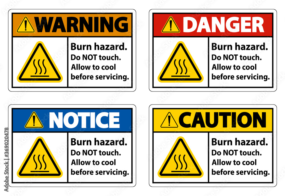Burn hazard safety,Do not touch label Sign on white background Burn hazard safety,Do not touch label Sign on white background