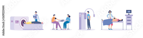 Medical exam with MRI and ultrasound equipment flat vector illustrations set.