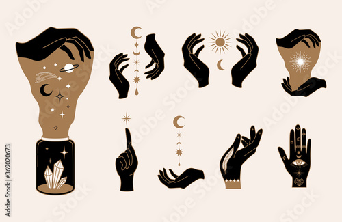 Elegant female witchy hands. Set of abstract hand drawn Vector illustrations.