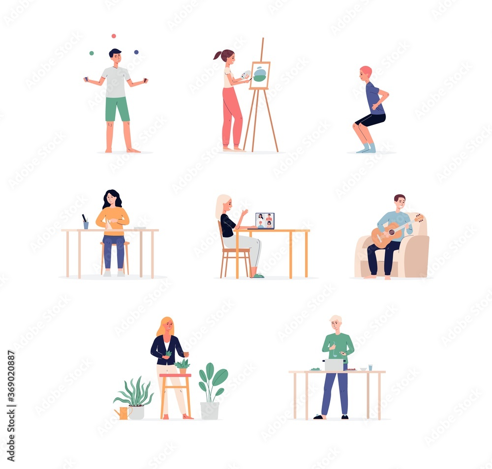 A set of vector isolated illustration of people daily activities or hobbies.