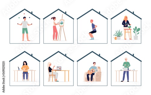 Set of home activity and leisure banners flat vector illustration isolated.