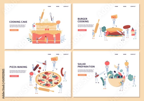 Website pages set for takeaway food with tiny chiefs flat vector illustration.