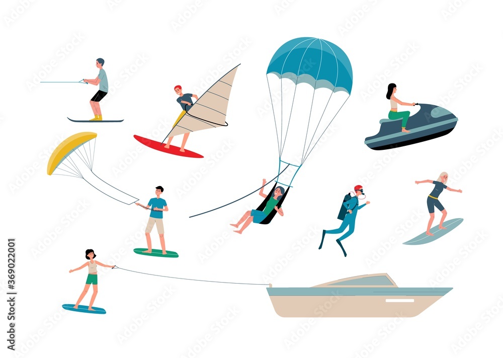 Extreme water sports athletes character set, flat vector illustration isolated.