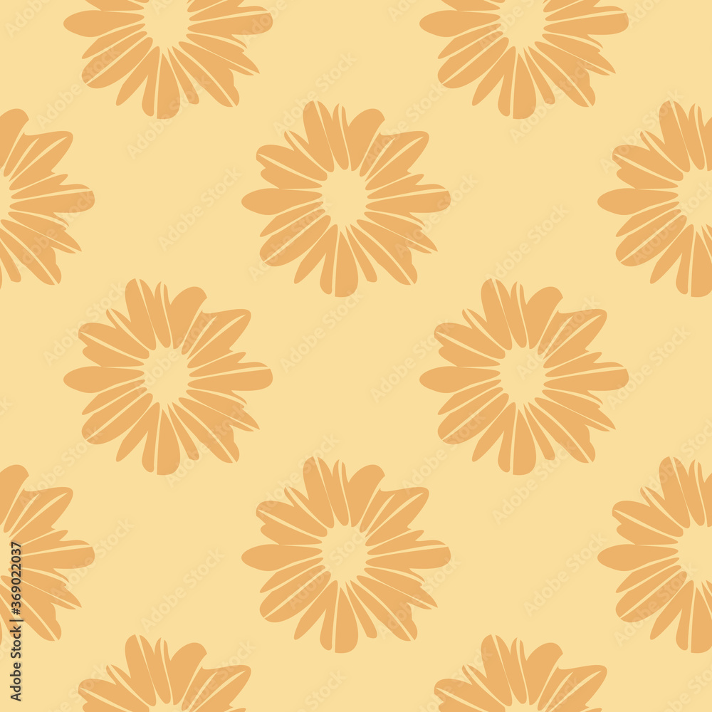 Sunny seamless pattern with flowers in orange and yellow colors. Simple naive backdrop.