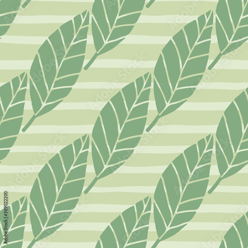 Seamless floral pattern with leafs on pastel green tones. Beige background with strips.