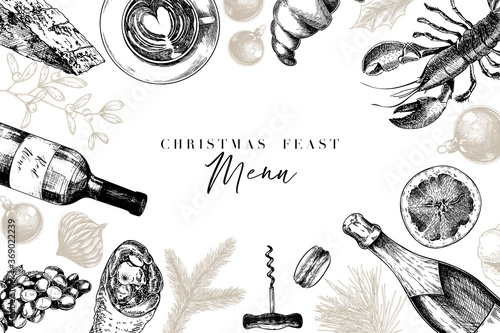Vector menu template. Hand drawn detailed Christmas decoration, wine, seafood, meat, fruits and vegetables. Modern trendy design. Use for holiady menu, restaurant, shop promotion, brand merchandising