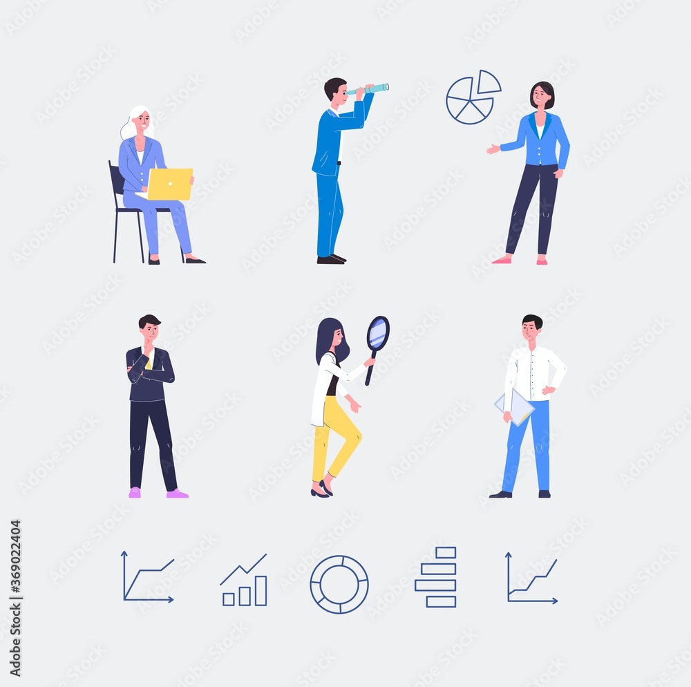 Set of business people with diagrams flat vector illustration isolated.