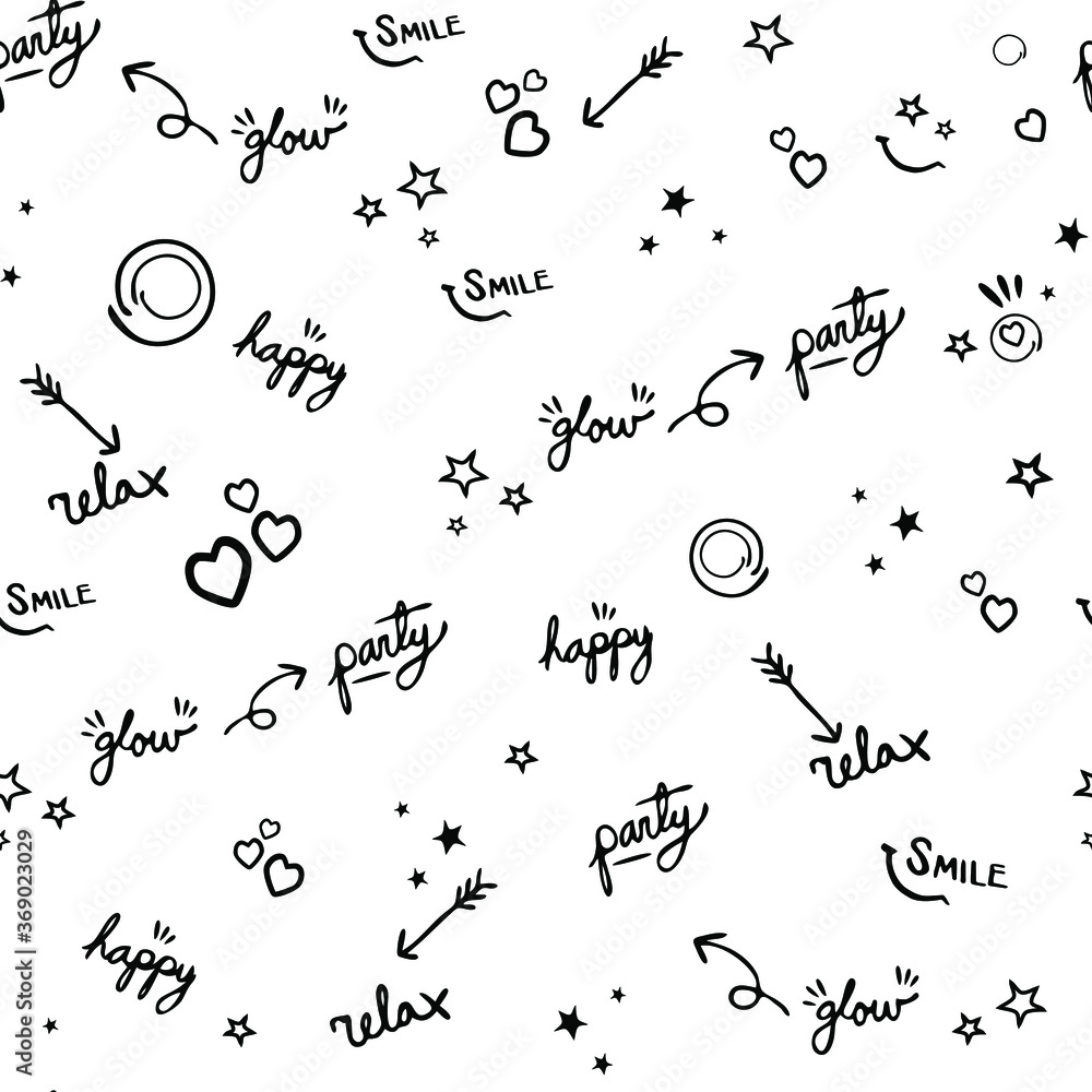 Funny seamless pattern, youth themes, pictograms. Fun background for party, holiday. Texture with text happiness, party, smile, glow, relaxe. Funny seamless pattern, youth themes, pictograms. Fun background for party, holiday. Texture with text happiness, party, smile, glow, relaxe.