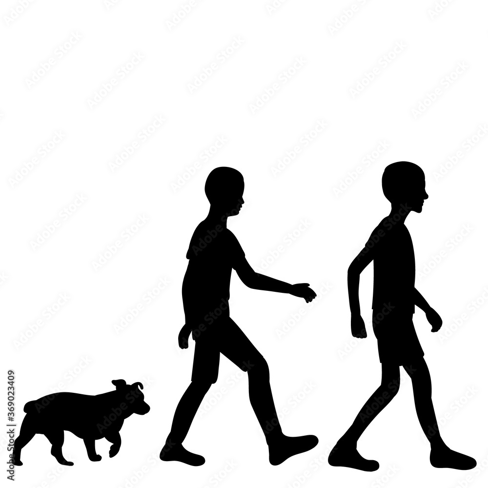  isolated black silhouette of a child walking with a dog