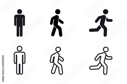 Man stands, walk and run icon set. People symbol. Person standing, walking and running illustration. Run, walk, stand