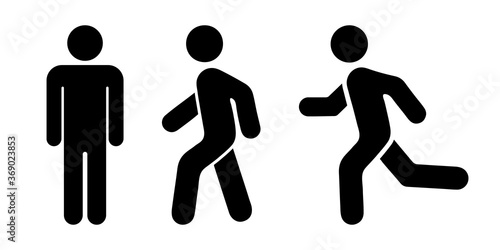 Man stands, walk and run icon set. People symbol. Person standing, walking and running illustration. Run, walk, stand