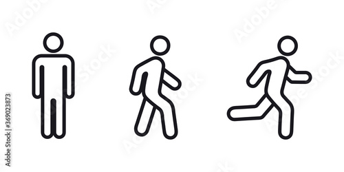 Man stands, walk and run icon set. People symbol. Person standing, walking and running illustration. Run, walk, stand