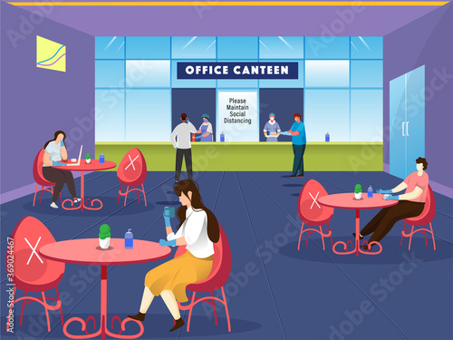 People Having Lunch in Separate Table at Office Canteen with Keep Distance to Protect From Spreading Of Corona Virus.