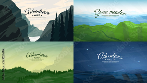 Vector backgrounds. Minimalist style. Flat concept. 4 landscapes collection. Forest and rocks, meadow and mountains, trees and hills, night scene. Green summer template for poster, banner, template 