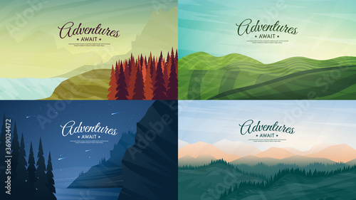 Vector backgrounds. Minimalist style. Flat concept. 4 landscapes collection. Countryside, meadow with trees, forest, hills and mountains. Panoramic wallpapers collection with calligraphic text. 