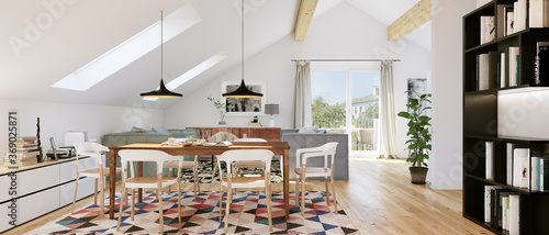 modern luxury cosy bright attic loft apartment - 3d rendering photo